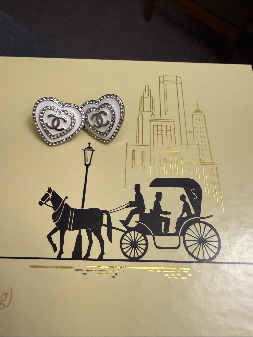 CHANEL White and Silver Heart CC Stud Earrings
